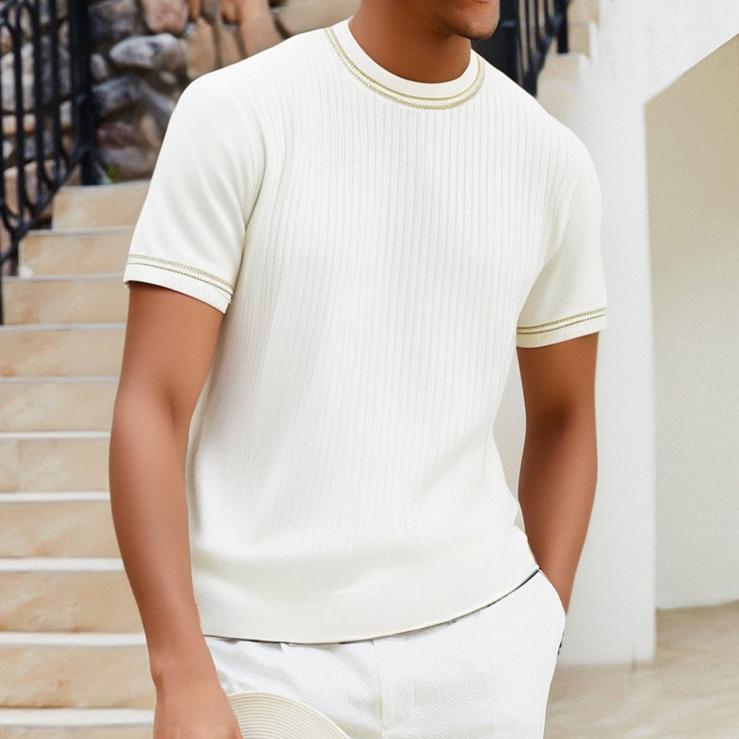 Camiseta para hombre de punto acanalado cuello redondo estilo casual - Elías