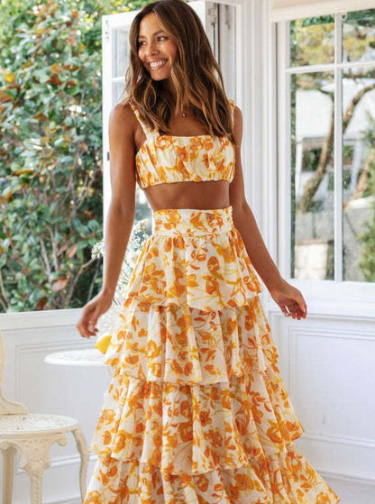 Daniela - Dos piezas Top floral naranja y falda a capas