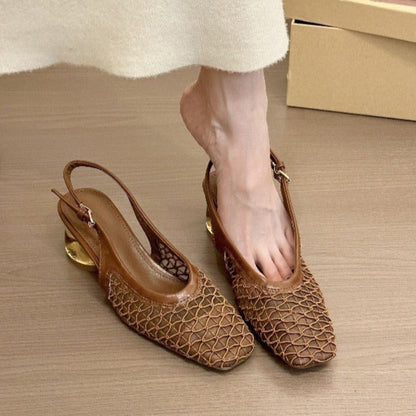 Zapatos destalonados para mujer tejido calado con tacón dorado - Aurelia