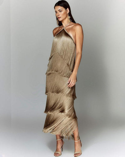 Adeline - Vestido halter de borlas con espalda descubierta