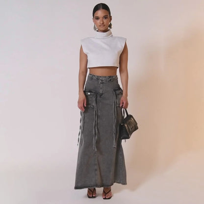 Falda larga mujer denim con bolsillos utilitarios estilo recto - Renata