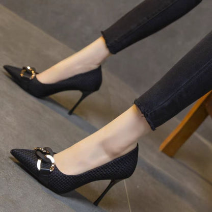 Zapatos de tacón para mujer de textura tejida adorno metálico elegante - Mireille