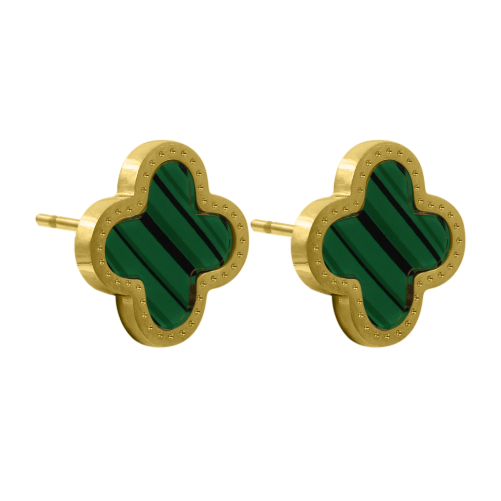 Pendientes de botón Green Unique Leaf chapados en oro de 14 quilates