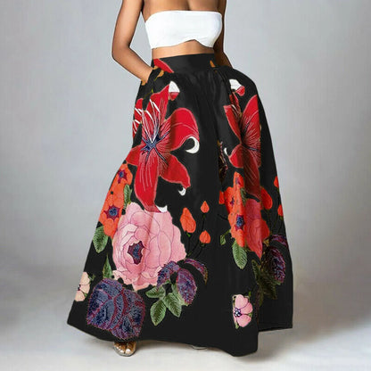 Maxi falda de mujer con estampado floral, de talle alto y elegante