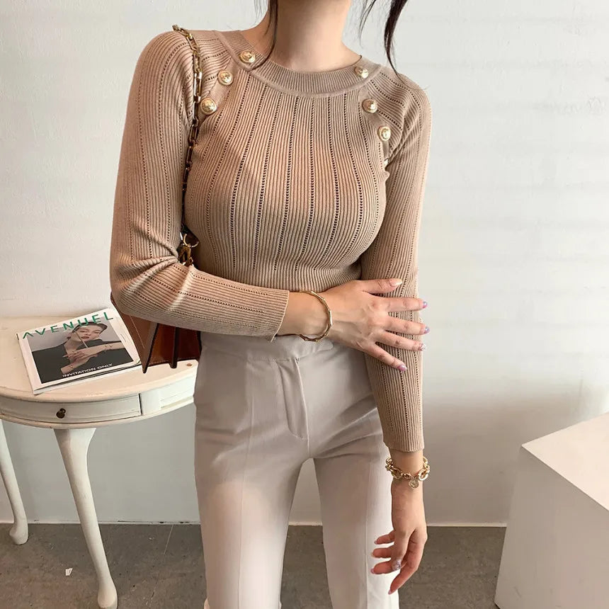 Nadina - Jersey de canalé con adorno de botones