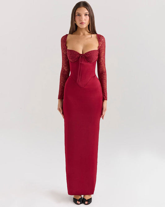 Florence - Vestido largo de manga larga en rojo vino con encaje