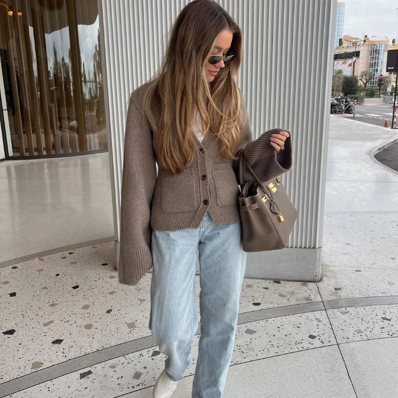 Loana - Chaqueta de punto con cuello en V y botones para mujer