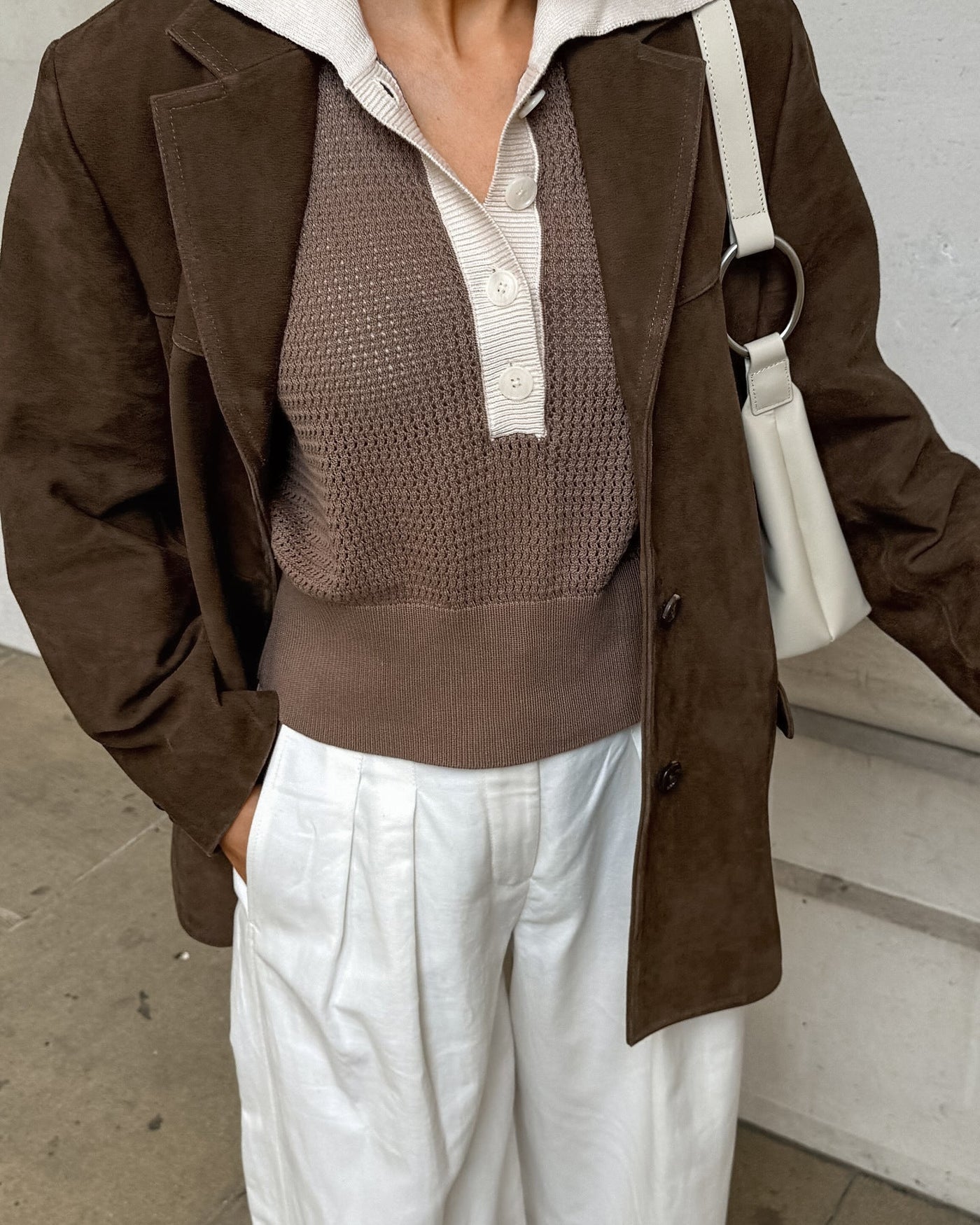 Chaqueta holgada de ante con solapas retro de terciopelo - Loise