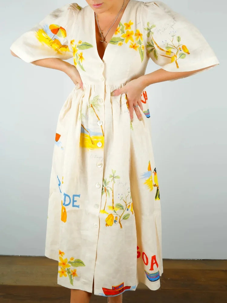 Danica - Favorecedor vestido midi de lino estampado