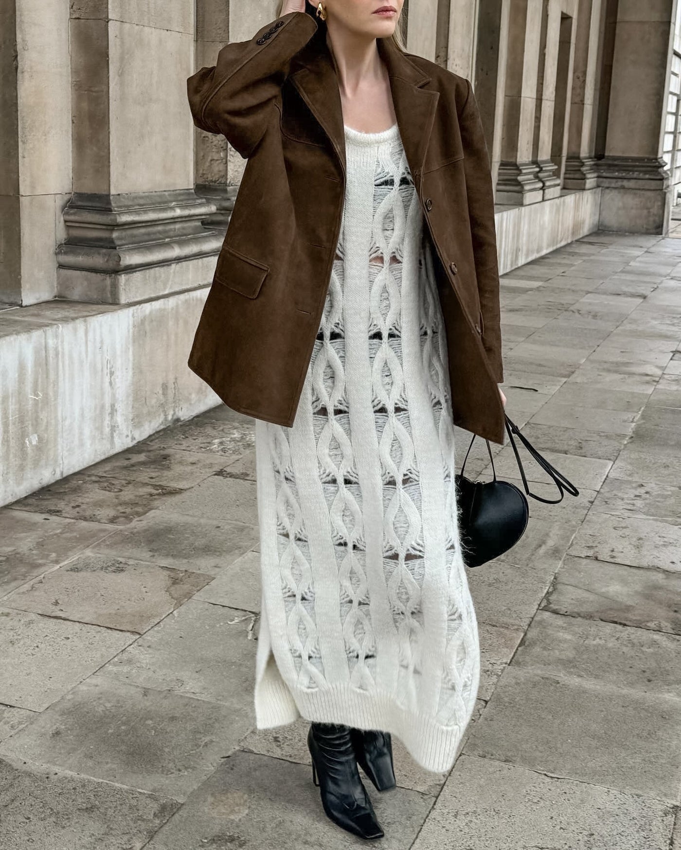 Chaqueta holgada de ante con solapas retro de terciopelo - Loise