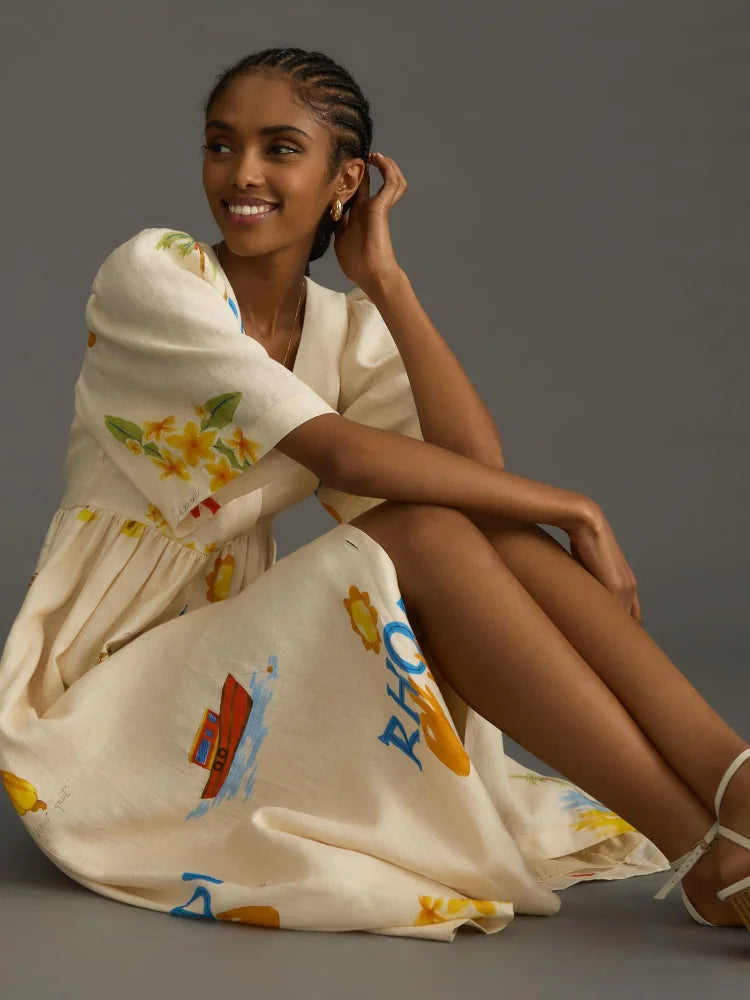 Danica - Favorecedor vestido midi de lino estampado