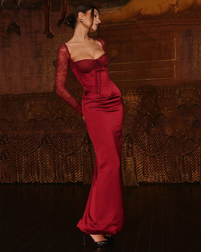 Florence - Vestido largo de manga larga en rojo vino con encaje