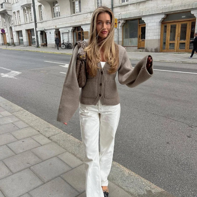 Loana - Chaqueta de punto con cuello en V y botones para mujer