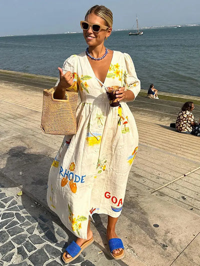 Danica - Favorecedor vestido midi de lino estampado