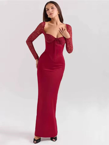 Florence - Vestido largo de manga larga en rojo vino con encaje