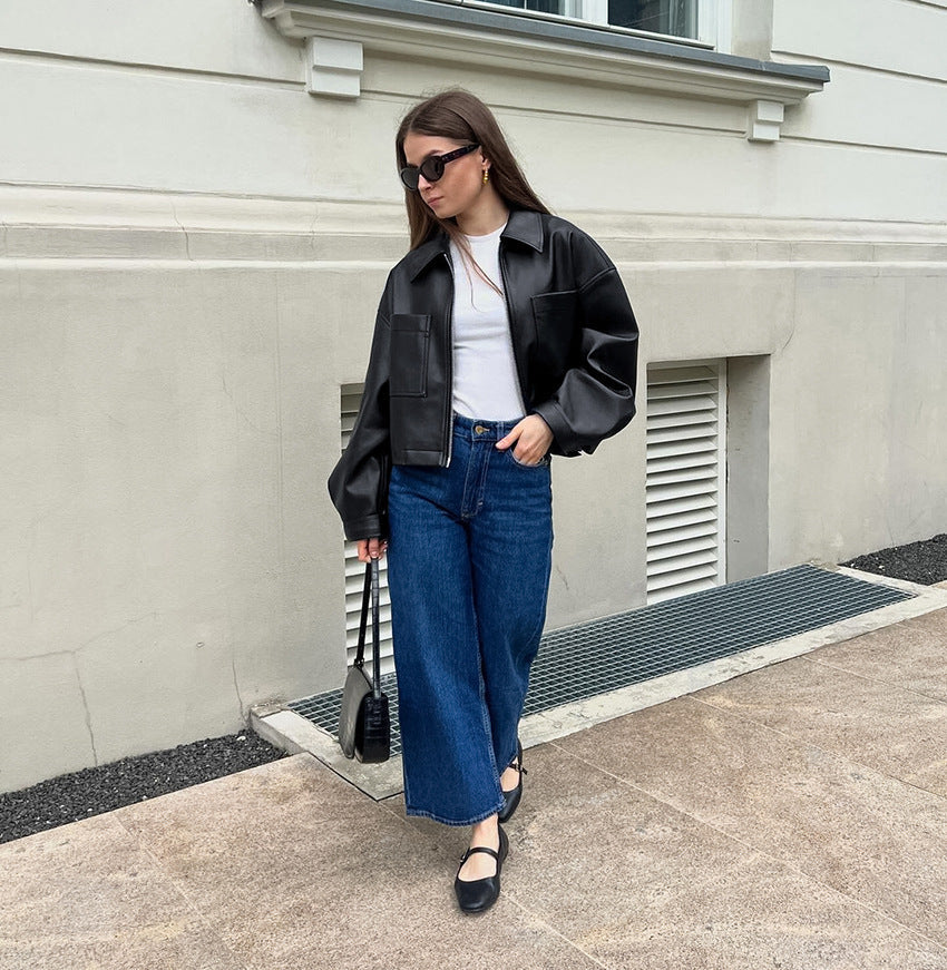 Chaqueta biker corta de mujer con cremallera metalica - Raizy