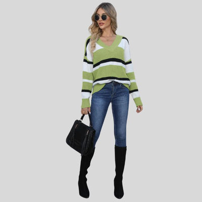 Emma - Jersey informal con cuello en V y rayas en contraste