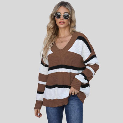 Emma - Jersey informal con cuello en V y rayas en contraste