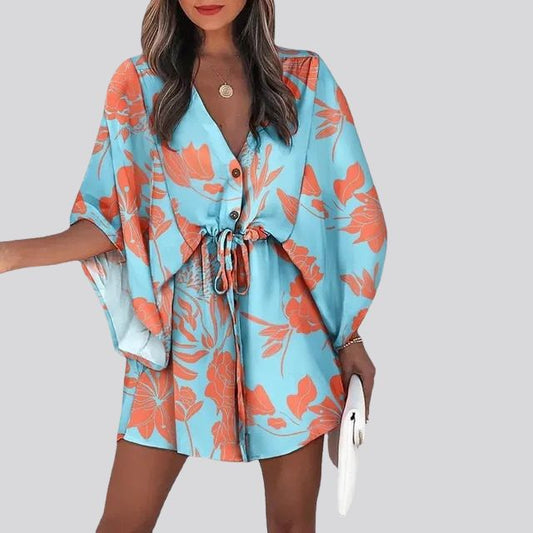 Giselle - Vestido camisero boho con cuello en V y estampado floral