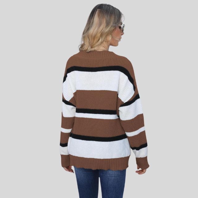 Emma - Jersey informal con cuello en V y rayas en contraste