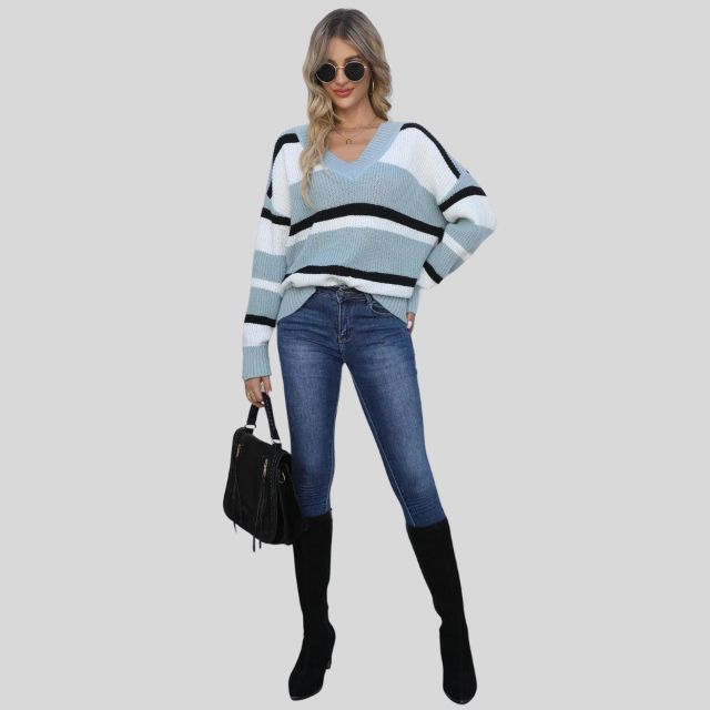 Emma - Jersey informal con cuello en V y rayas en contraste