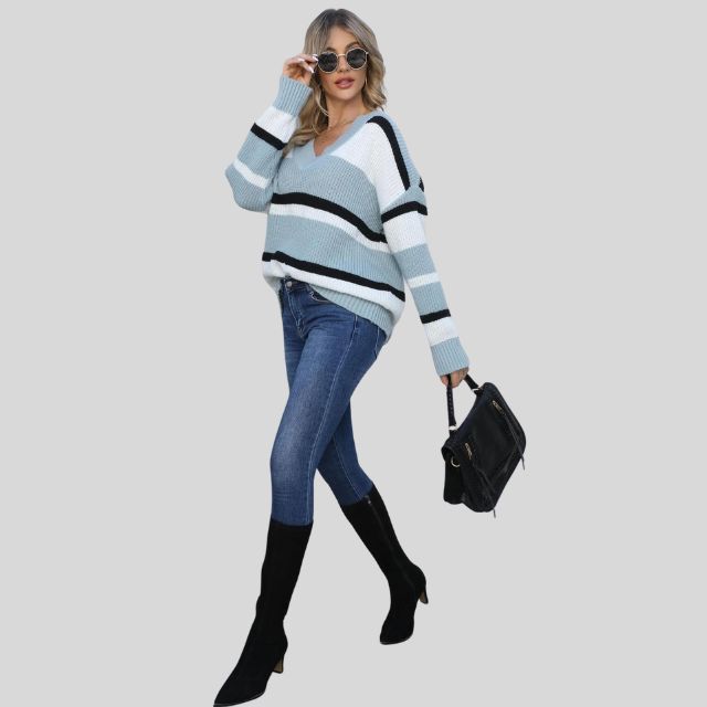 Emma - Jersey informal con cuello en V y rayas en contraste