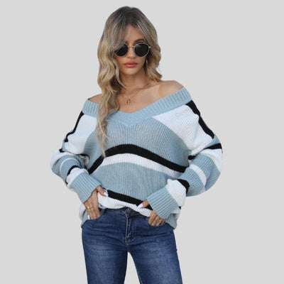 Emma - Jersey informal con cuello en V y rayas en contraste