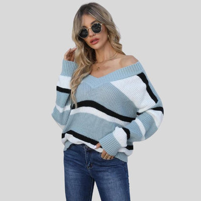 Emma - Jersey informal con cuello en V y rayas en contraste