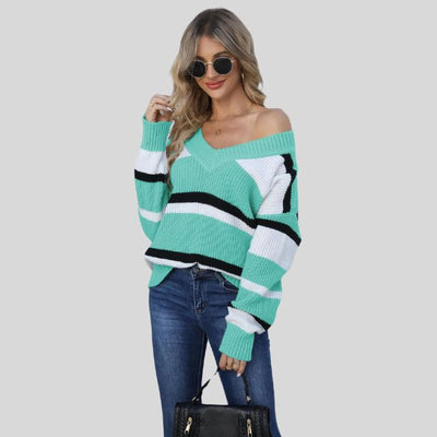 Emma - Jersey informal con cuello en V y rayas en contraste
