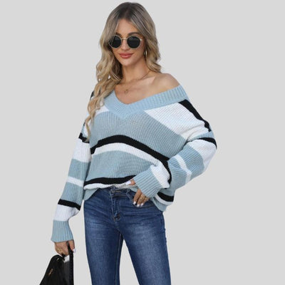 Emma - Jersey informal con cuello en V y rayas en contraste