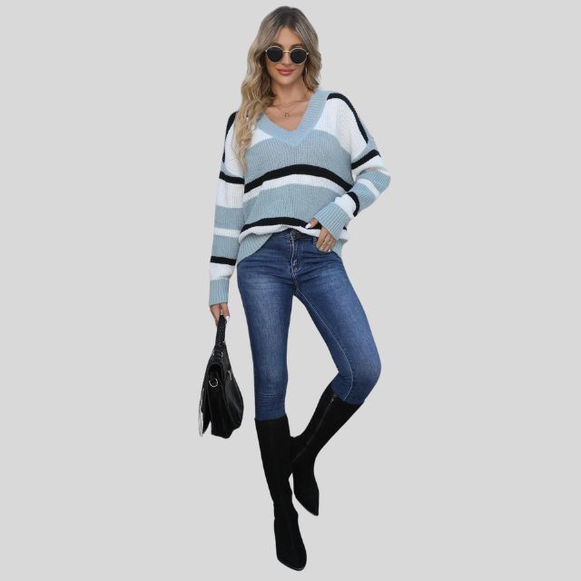 Emma - Jersey informal con cuello en V y rayas en contraste