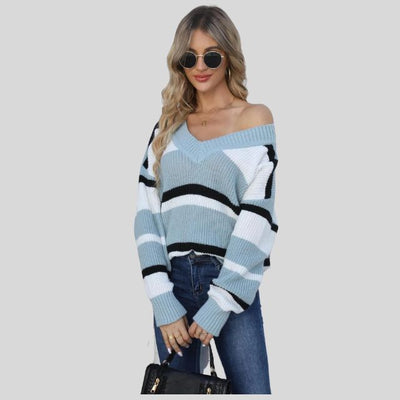 Emma - Jersey informal con cuello en V y rayas en contraste