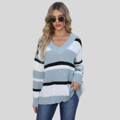 Emma - Jersey informal con cuello en V y rayas en contraste