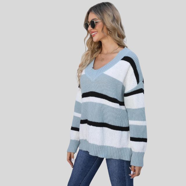 Emma - Jersey informal con cuello en V y rayas en contraste