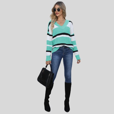 Emma - Jersey informal con cuello en V y rayas en contraste