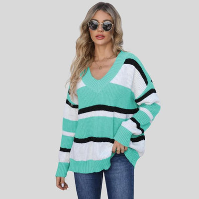 Emma - Jersey informal con cuello en V y rayas en contraste