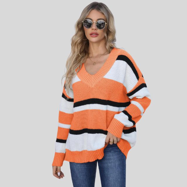 Emma - Jersey informal con cuello en V y rayas en contraste
