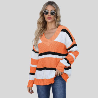 Emma - Jersey informal con cuello en V y rayas en contraste