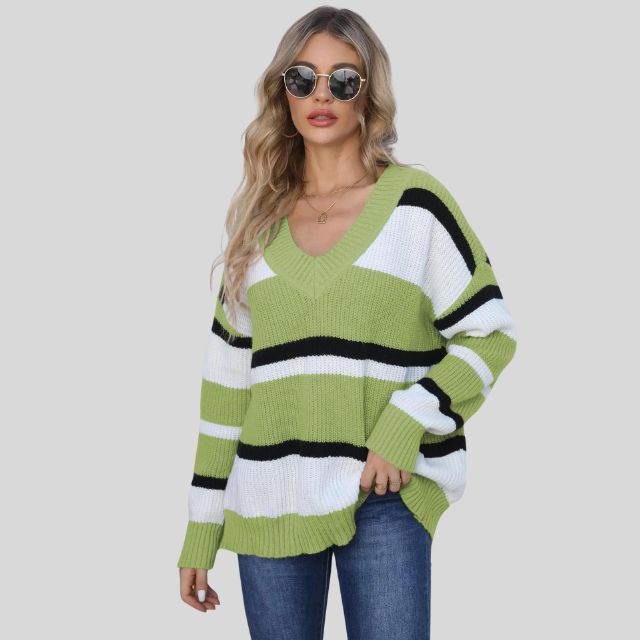 Emma - Jersey informal con cuello en V y rayas en contraste
