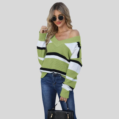 Emma - Jersey informal con cuello en V y rayas en contraste