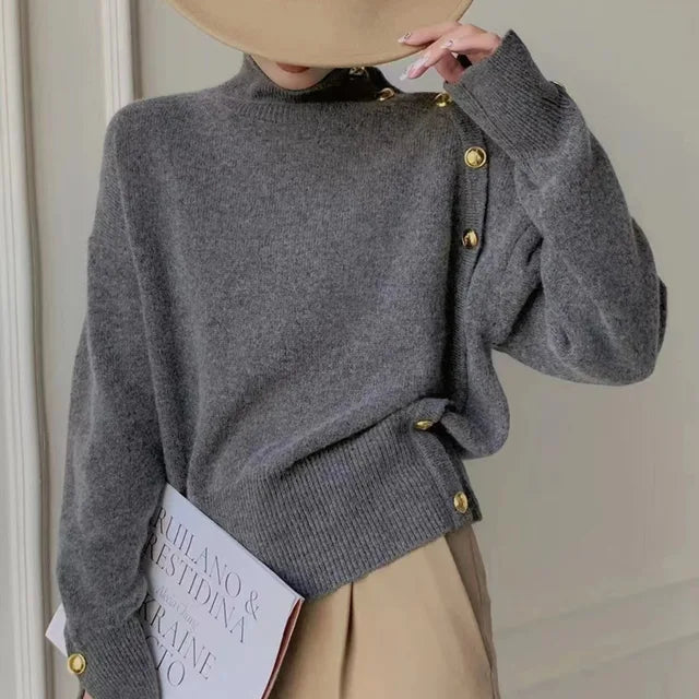 Joena - Jersey de cuello alto con detalle de botones asimétricos