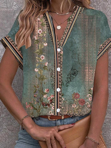 Casey - Blusa verde vintage con estampado floral de acuarela