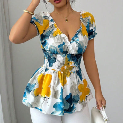 Blusa para mujer de escote pronunciado estampado floral corte peplum - Yelina