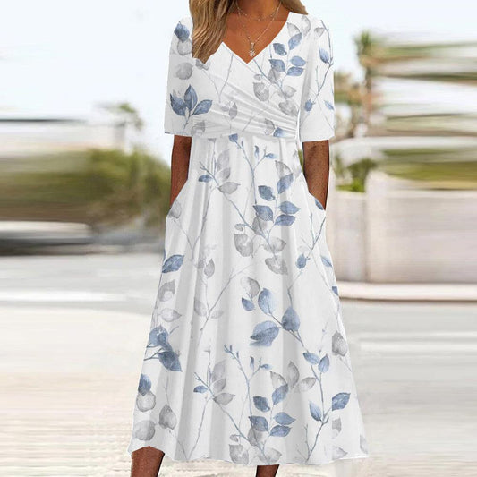 Wenja - Vestido midi con estampado floral moderno y bolsillos laterales