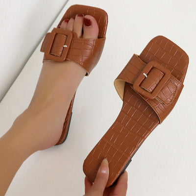 Sandalias planas mujer punta abierta con hebilla en cuero blanco - Elina