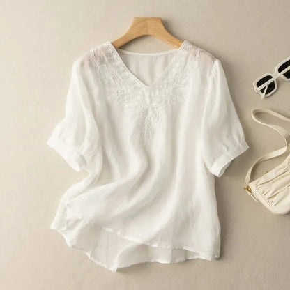 Blusa mujer cuello V bordado lino estilo bohemio marrón - Natalia