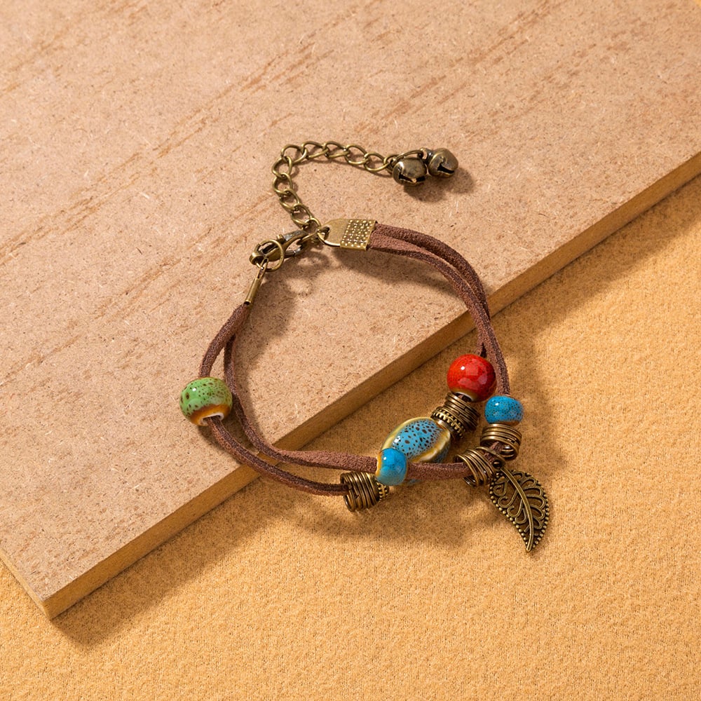Pulsera mujer bohemia artesanal cuero con cuentas cerámicas - Lantana