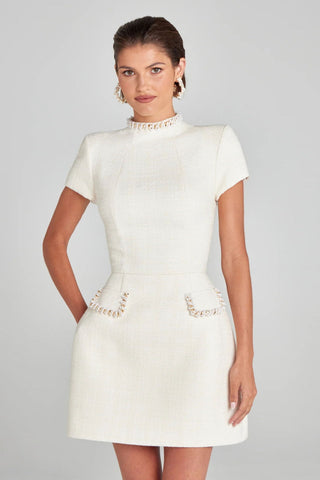Vestido corto mujer tweed elegante con perlas blanco retro - Clarisse