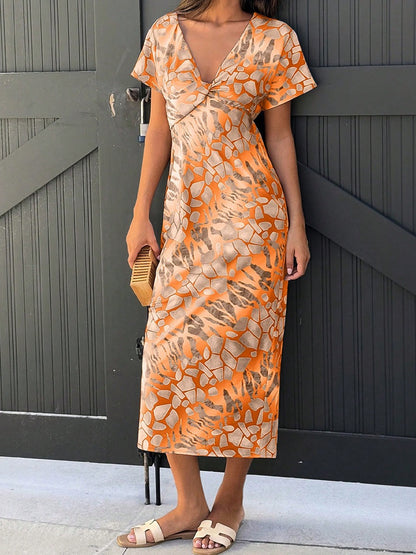 Vestido midi mujer estampado abstracto escote en V - Renata