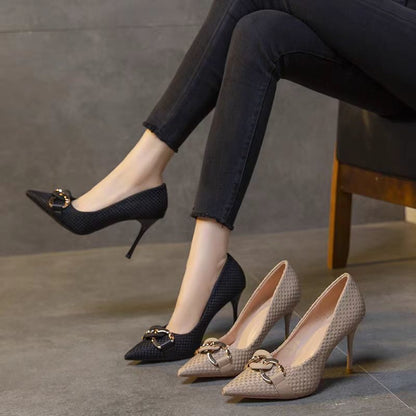 Zapatos de tacón para mujer de textura tejida adorno metálico elegante - Mireille
